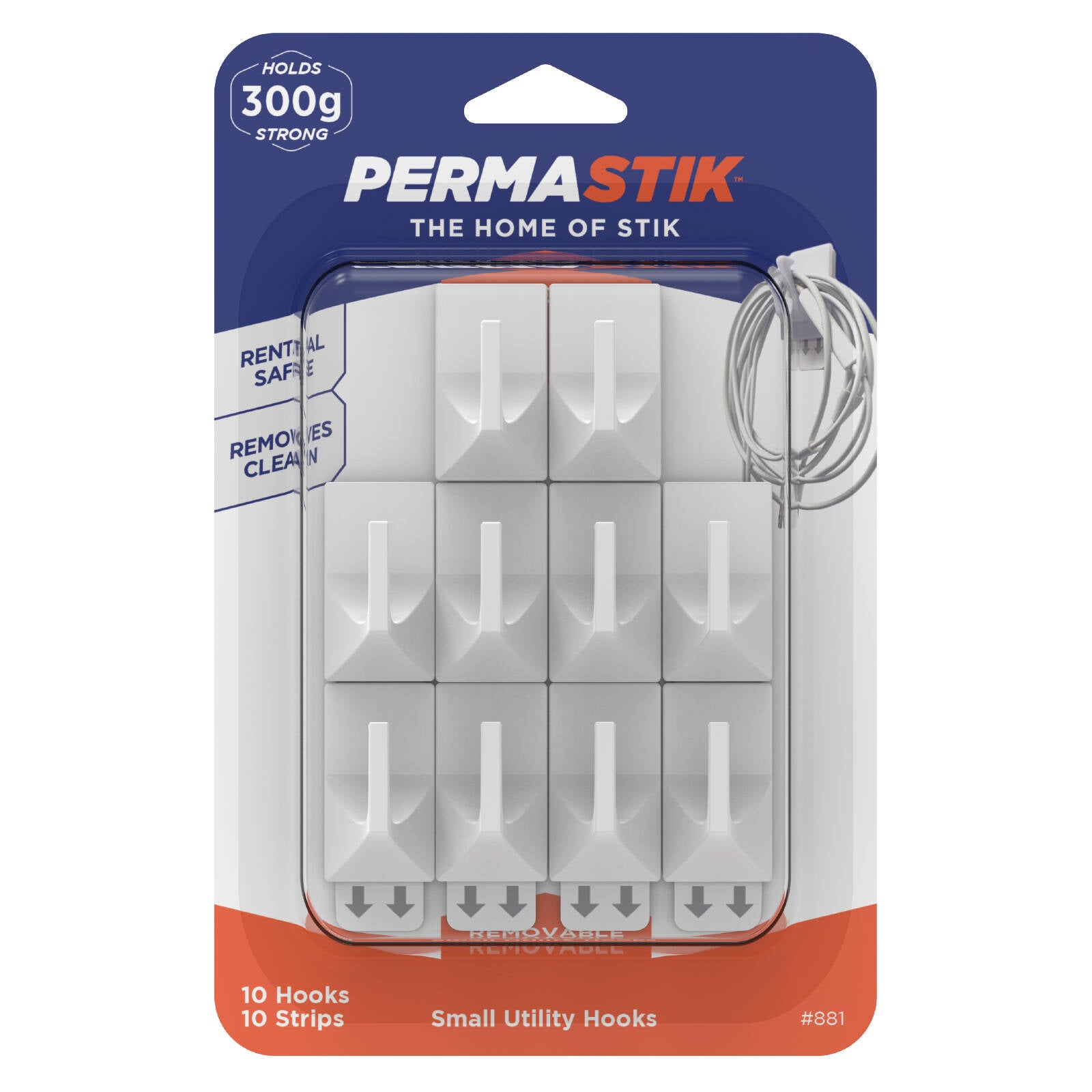 Permastik Small Utility Hooks - Self-Adhesive Plastic, 10 Pack