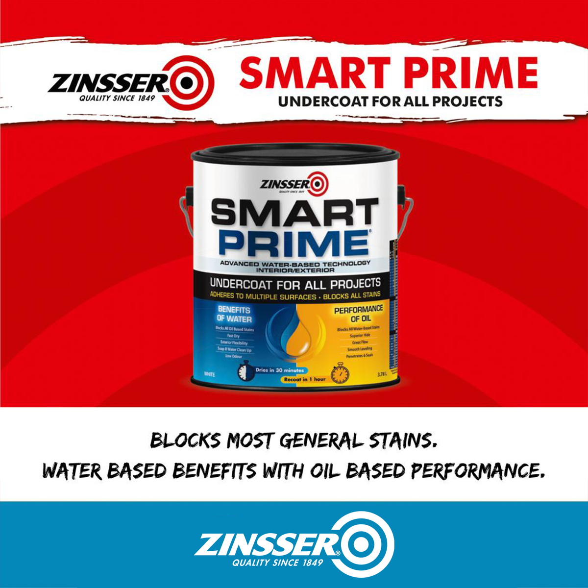 Zinsser Smart Prime Water-Based Undercoat White 1L Indoor Outdoor