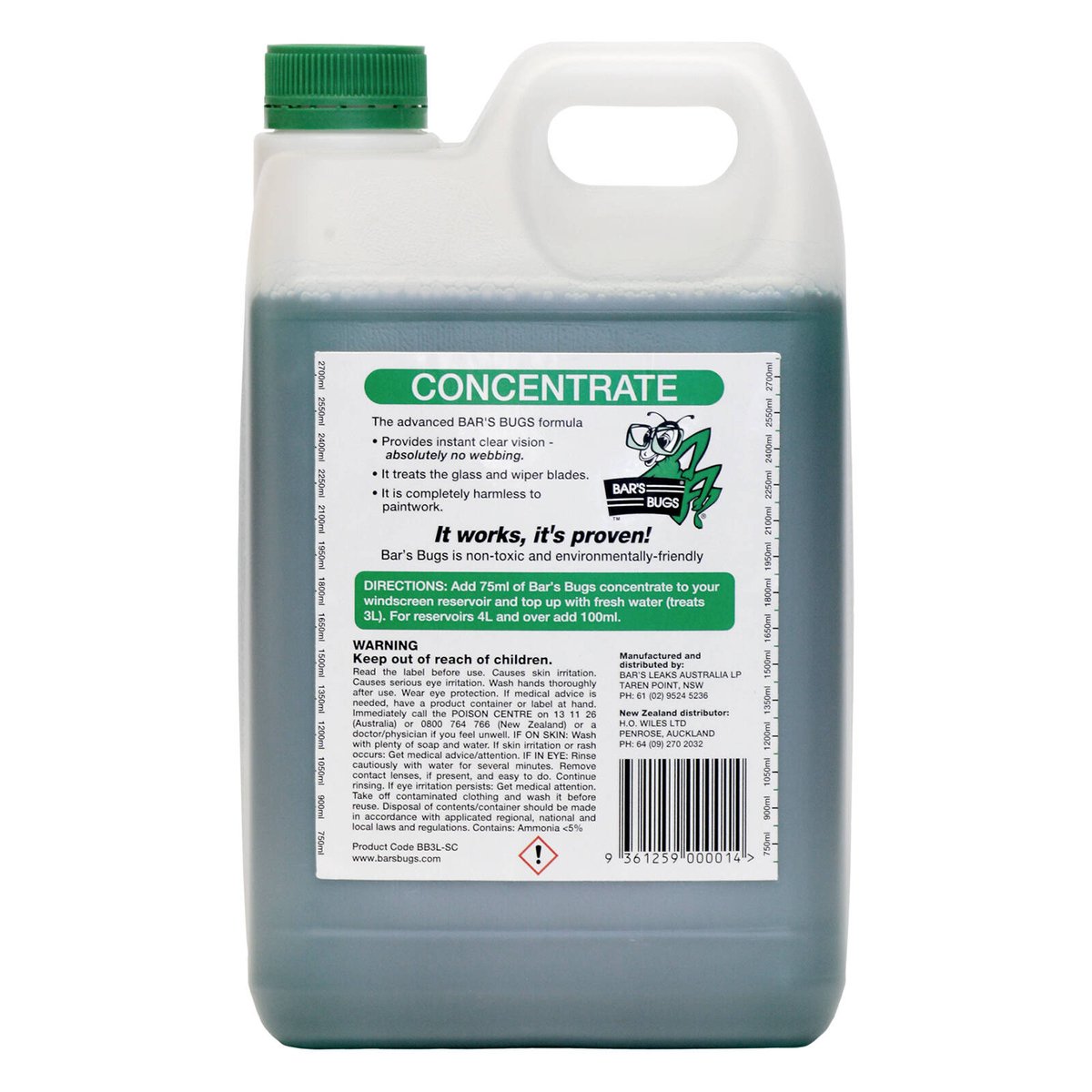 Bar S Bugs Windscreen Cleaner Concentrate 3L - Non-Toxic - Green - 120L Fluid - SuperSaverAU - view 4
