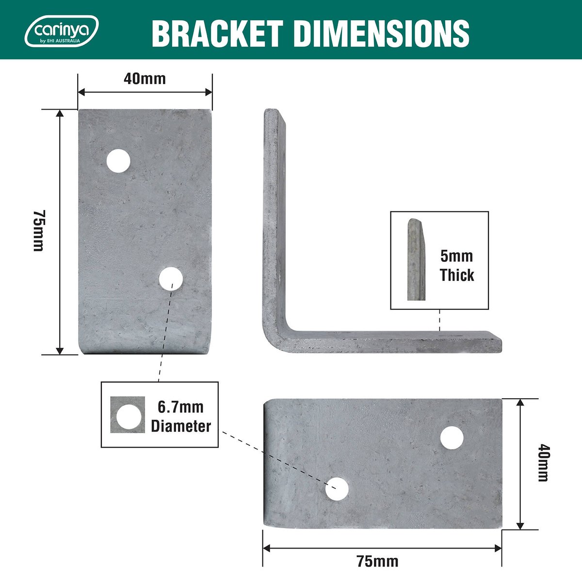 Carinya 75 x 75 x 40 x 5mm Hot Dipped Galvanised Reinforcing Angle Bracket