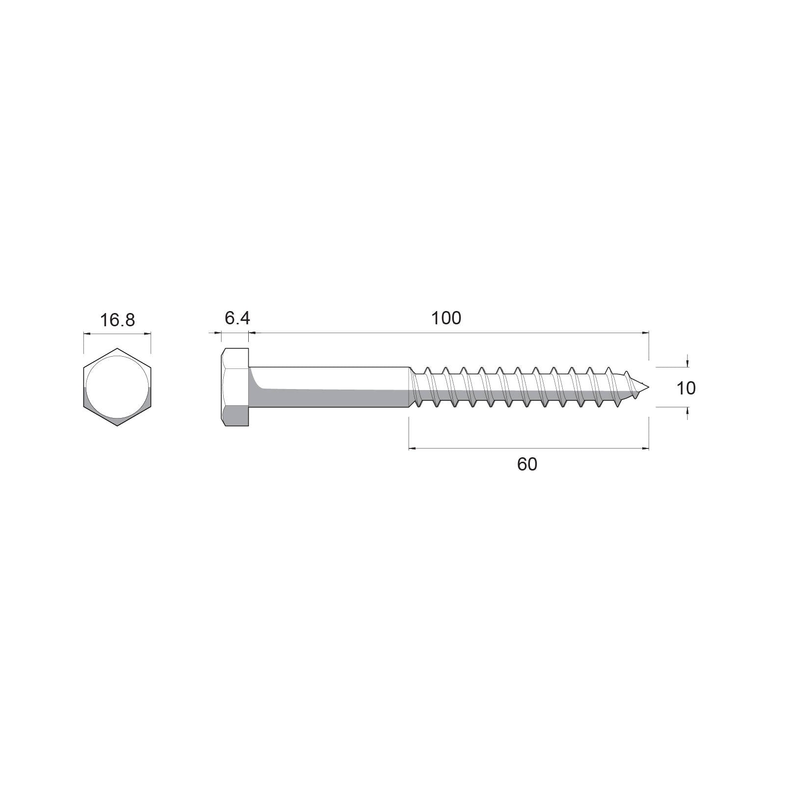 Zenith M10 x 100mm Stainless Steel 304 Hex Head Coach Screw Coarse Thread