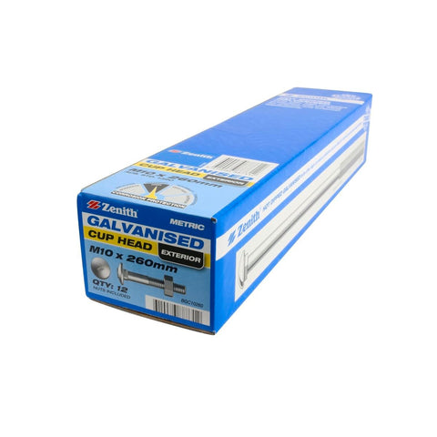 Zenith M10 x 260mm Hot Dip Galvanised Cup Head Bolts And Nuts 12 Pack - SuperSaverAU - view 1