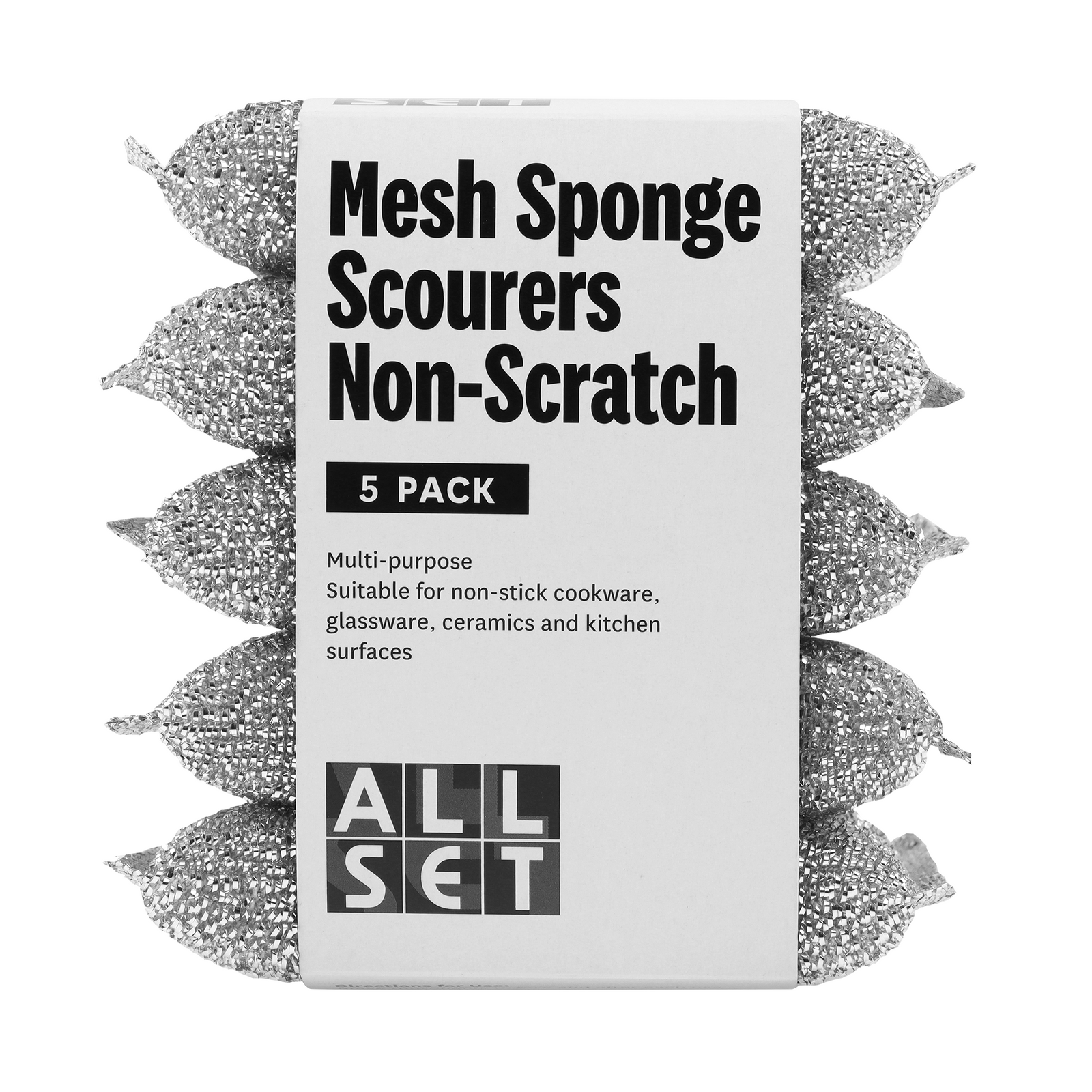 All Set Silver Mesh Sponge Scourer 5 Pack Non-Scratch PU Foam