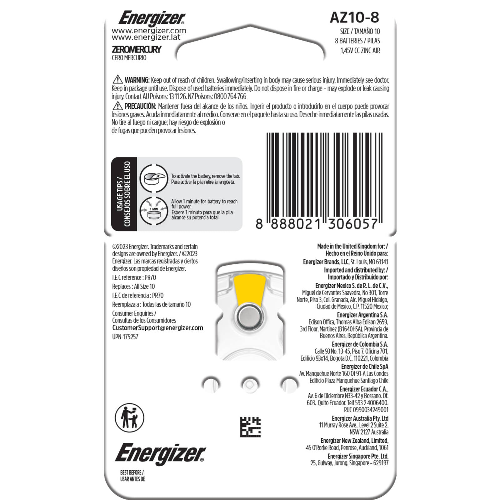 Energizer AZ10 Size 10 Hearing Aid Batteries 8 Pack