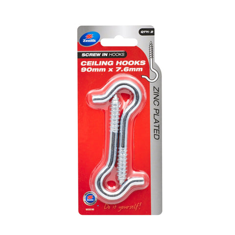 Zenith 90 x 7.6mm Zinc Plated Steel Ceiling Hook - 2 Pack