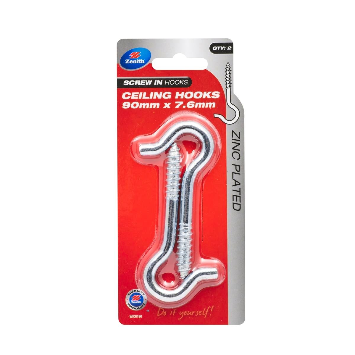 Zenith 90 x 7.6mm Zinc Plated Steel Ceiling Hook - 2 Pack