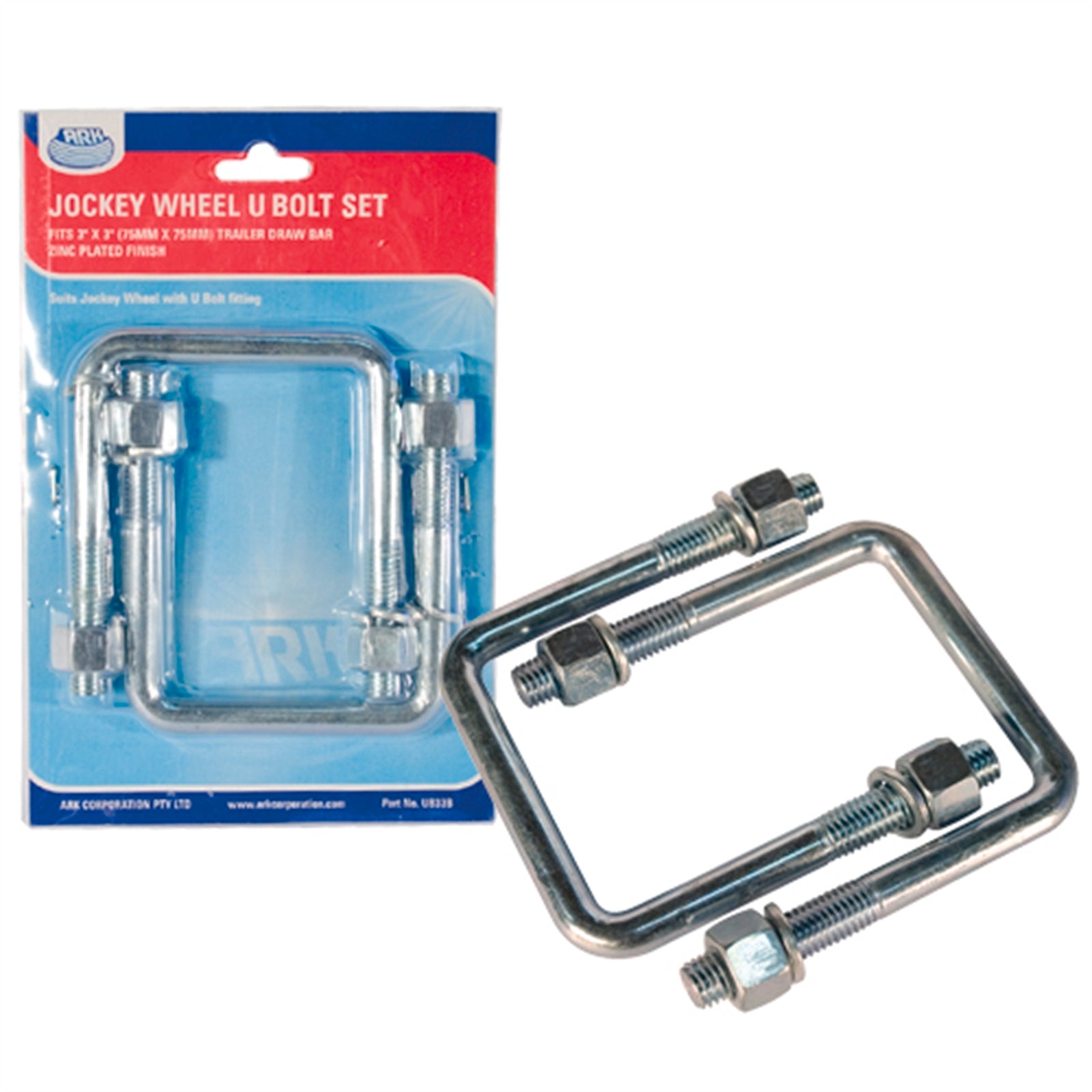 Ark 3" U-Bolt Set with Nuts and Washers, Steel, for Jockey Wheels