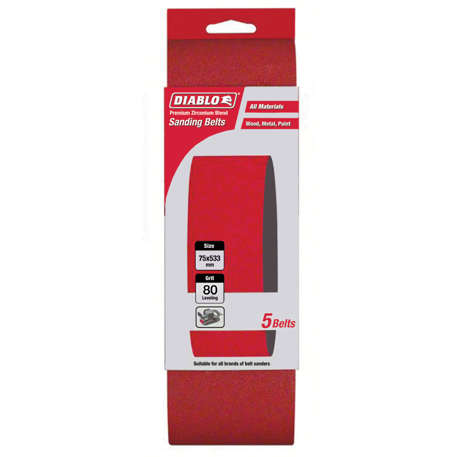 Diablo 75 x 533mm 80 Grit Zirconium Blend Abrasive Sanding Belts - 5 Pack