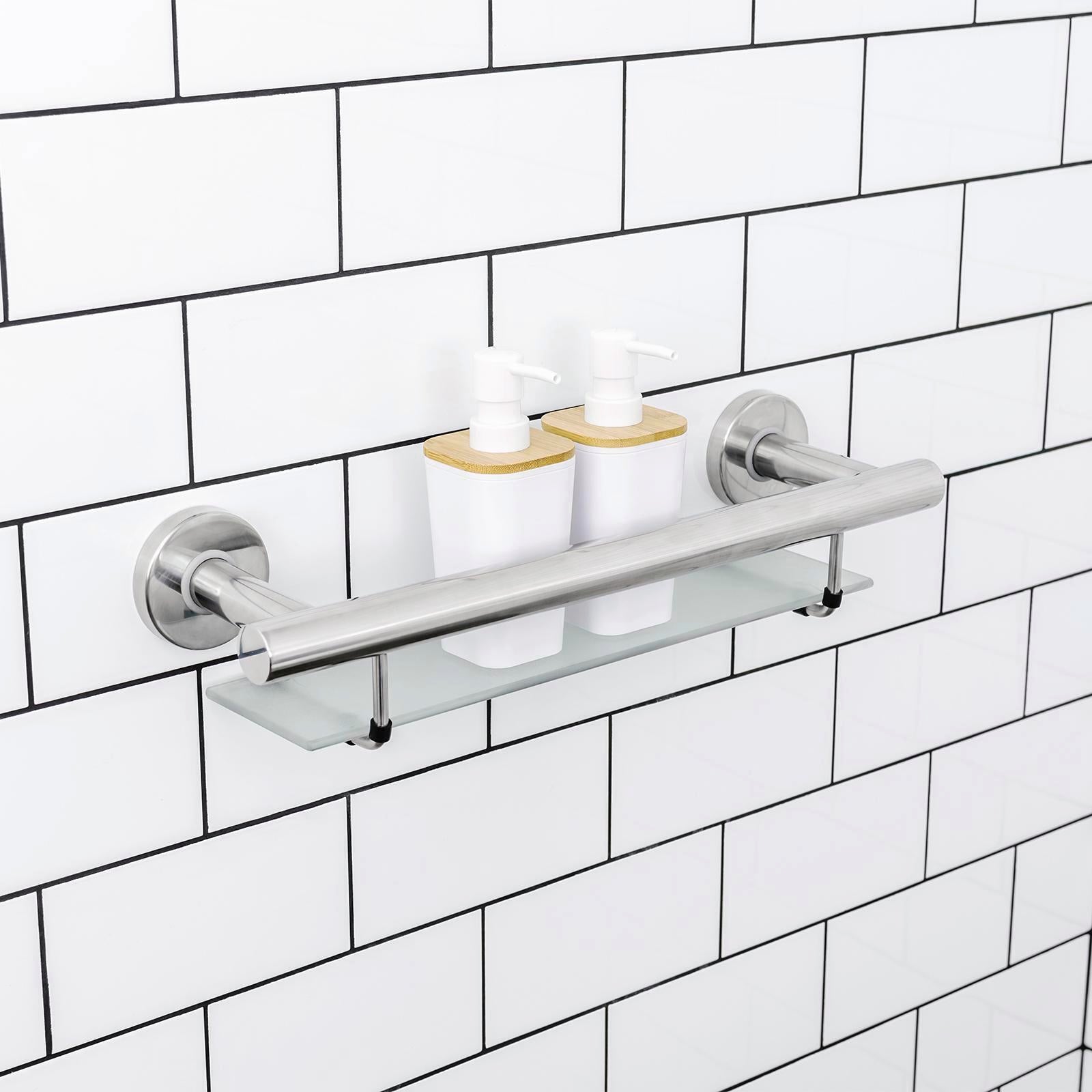 evekare 488mm Bath Shelf with Grab Rail - Stainless Steel & Glass 250kg