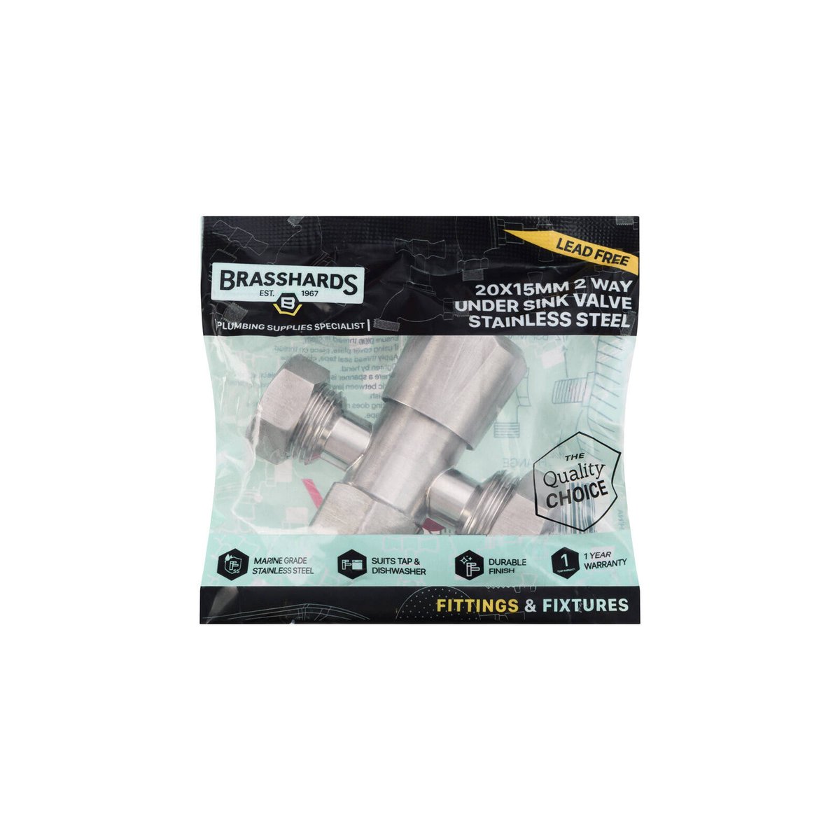 Brasshards 20 x 15mm Stainless Steel 2 Way Under Sink Valve