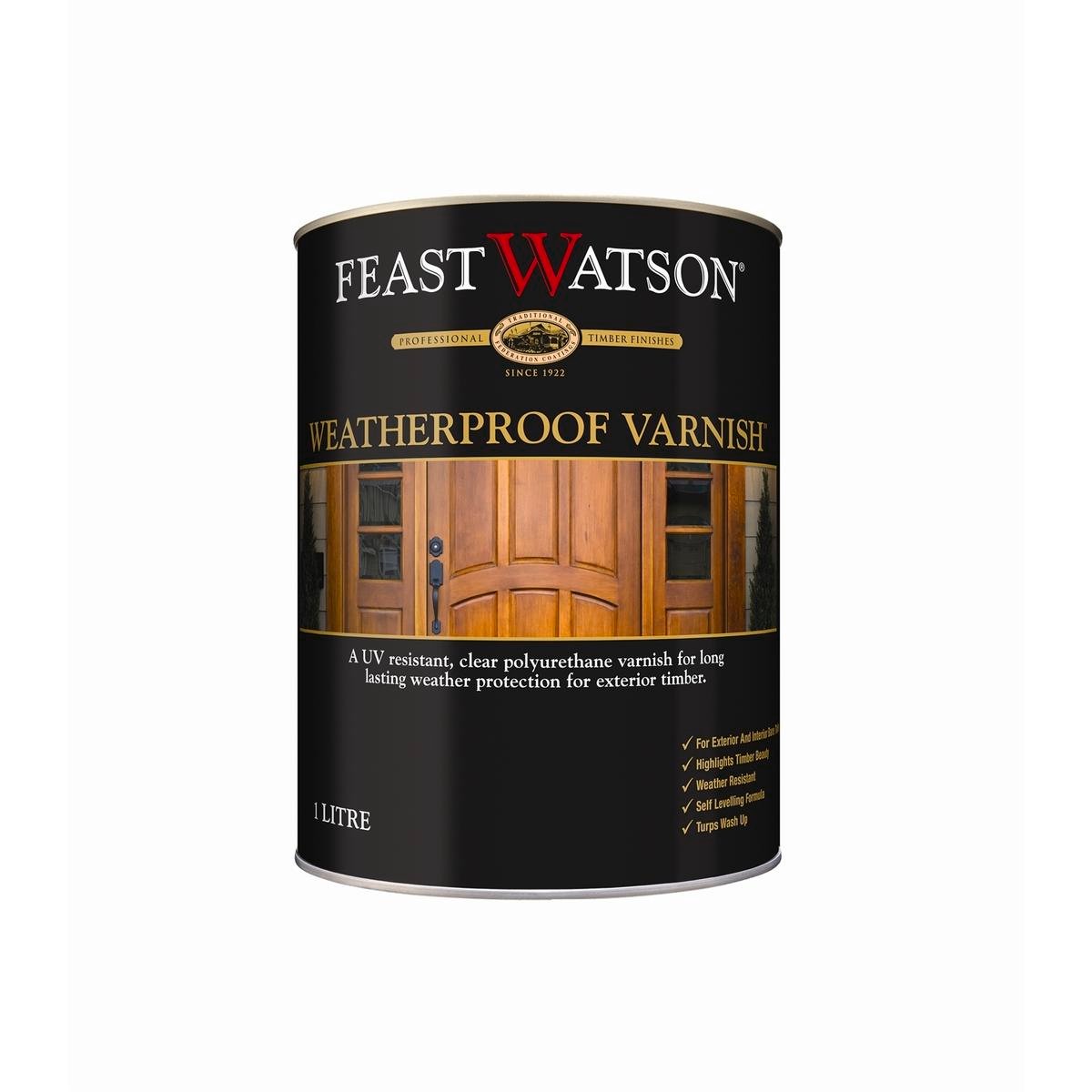 Feast Watson 1L Satin Clear Weatherproof Exterior Timber Varnish