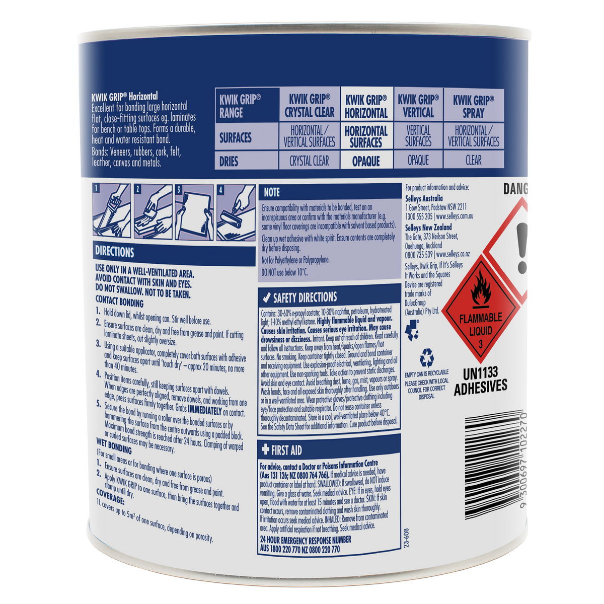 Selleys 1L Kwik Grip Horizontal Contact Adhesive - Solvent-Based, Instant Bond