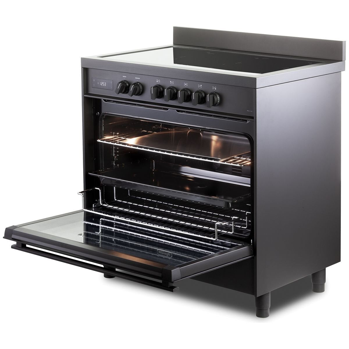 DeLonghi 90cm Deluxe Freestanding Induction Cooker 140L - Anthracite, Five Zones - DEF1407INDMB