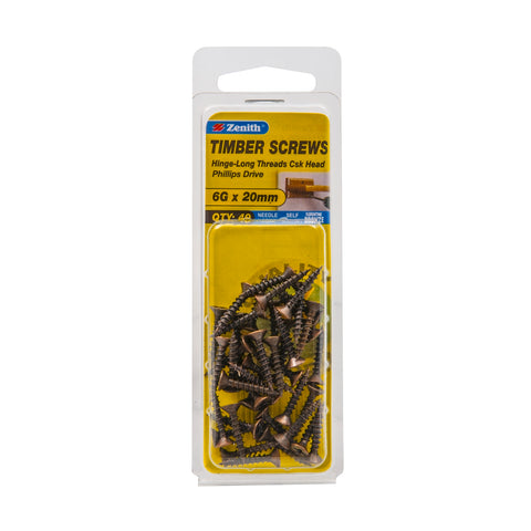 Zenith 6G x 20mm Florentine Bronze Countersunk Hinge Screws - Long Thread Timber Screws, 40 Pack
