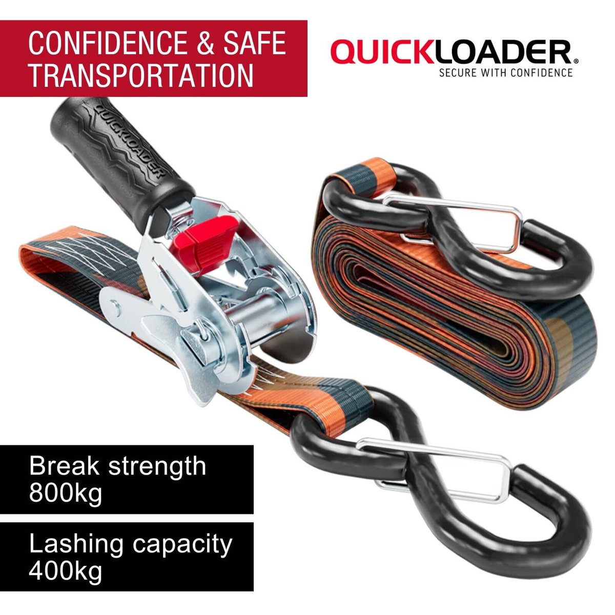 Quickloader Rebel Ratchet Strap 25mm x 4m - 400kg Lashing Capacity - 2 Pack - Orange - SuperSaverAU - view 2