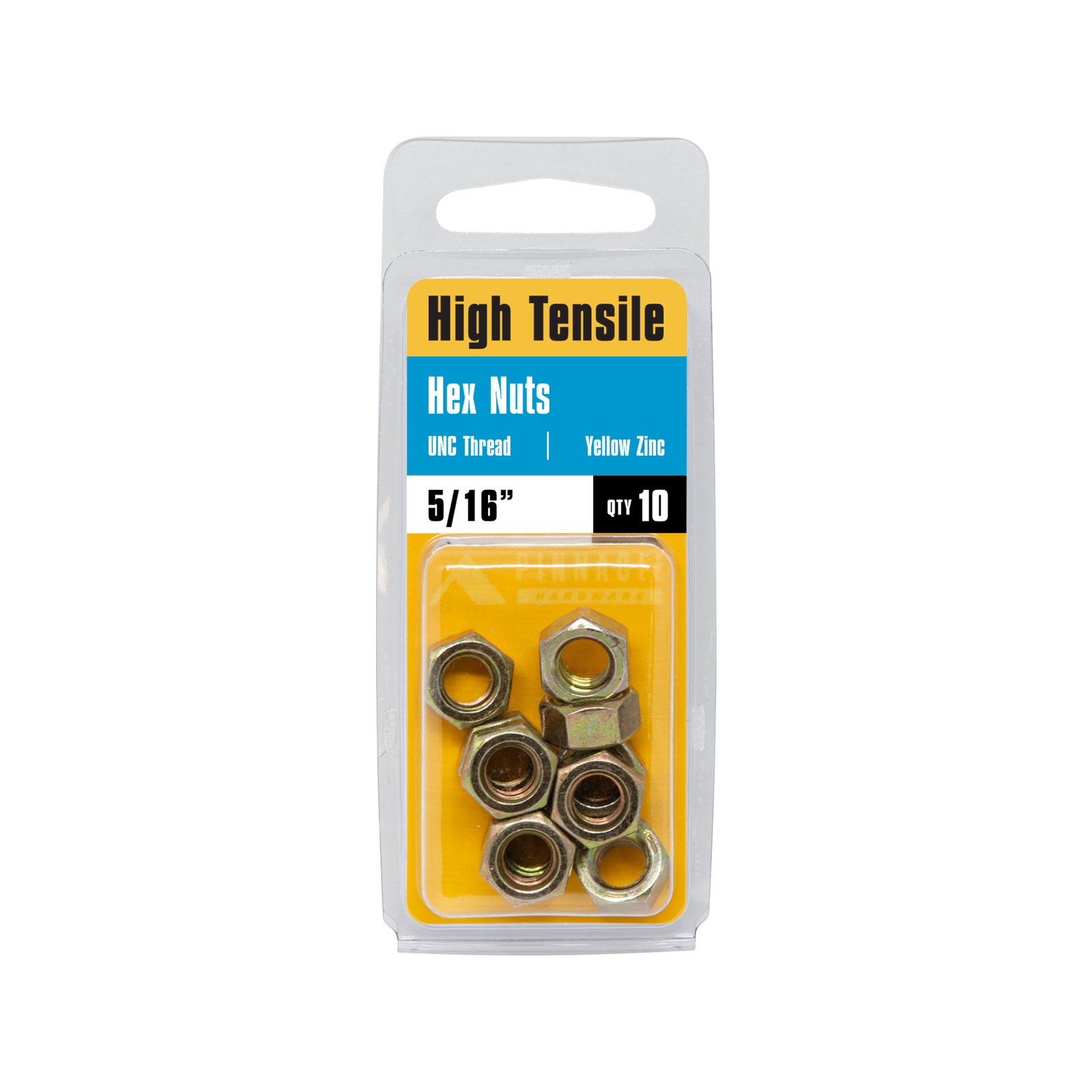 Pinnacle 5/16" Yellow Zinc Hi-Tensile Hex Nuts - 10 Pack