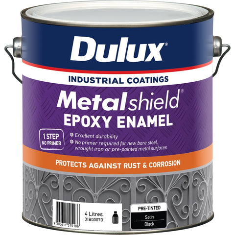 Dulux Metalshield Epoxy Enamel Satin Paint 4L Black - UV & Splatter Resistant Metal Topcoat