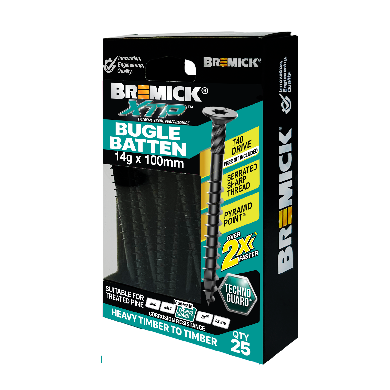 Bremick XTP 14g x 100mm Black T40 Technoguard Bugle Batten Screws - 25 Pack