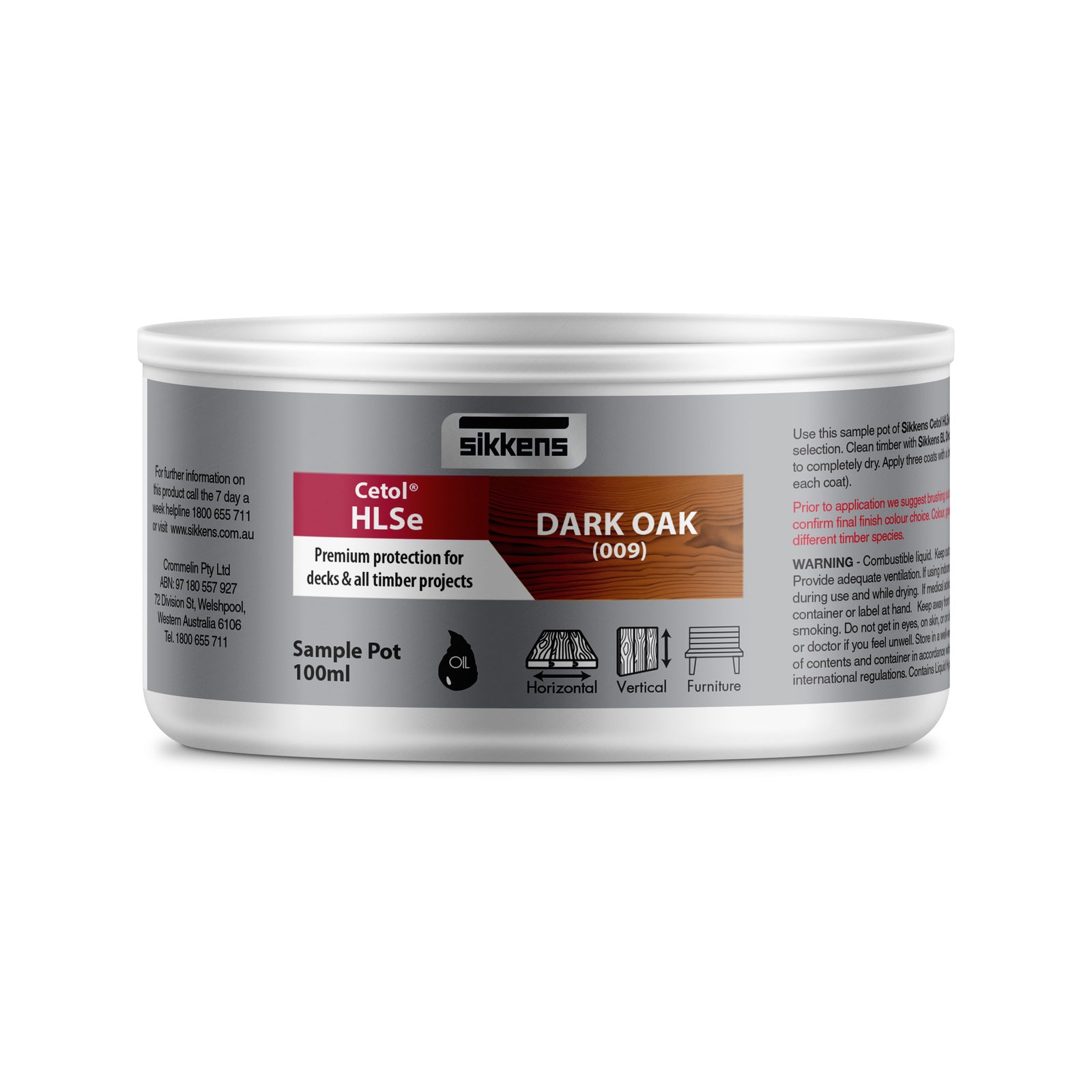 Sikkens Cetol HLSe Dark Oak Timber Finish 100ml - Oil Based, Satin, UV Resistant Sample Tin
