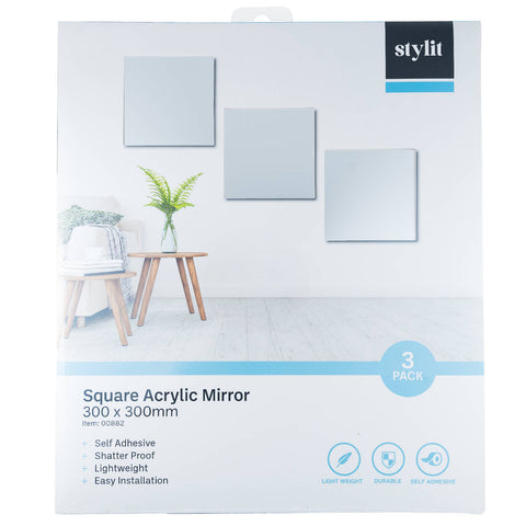 Edge Acrylic Mirror 300 x 300mm Square Self Adhesive Shatter Proof