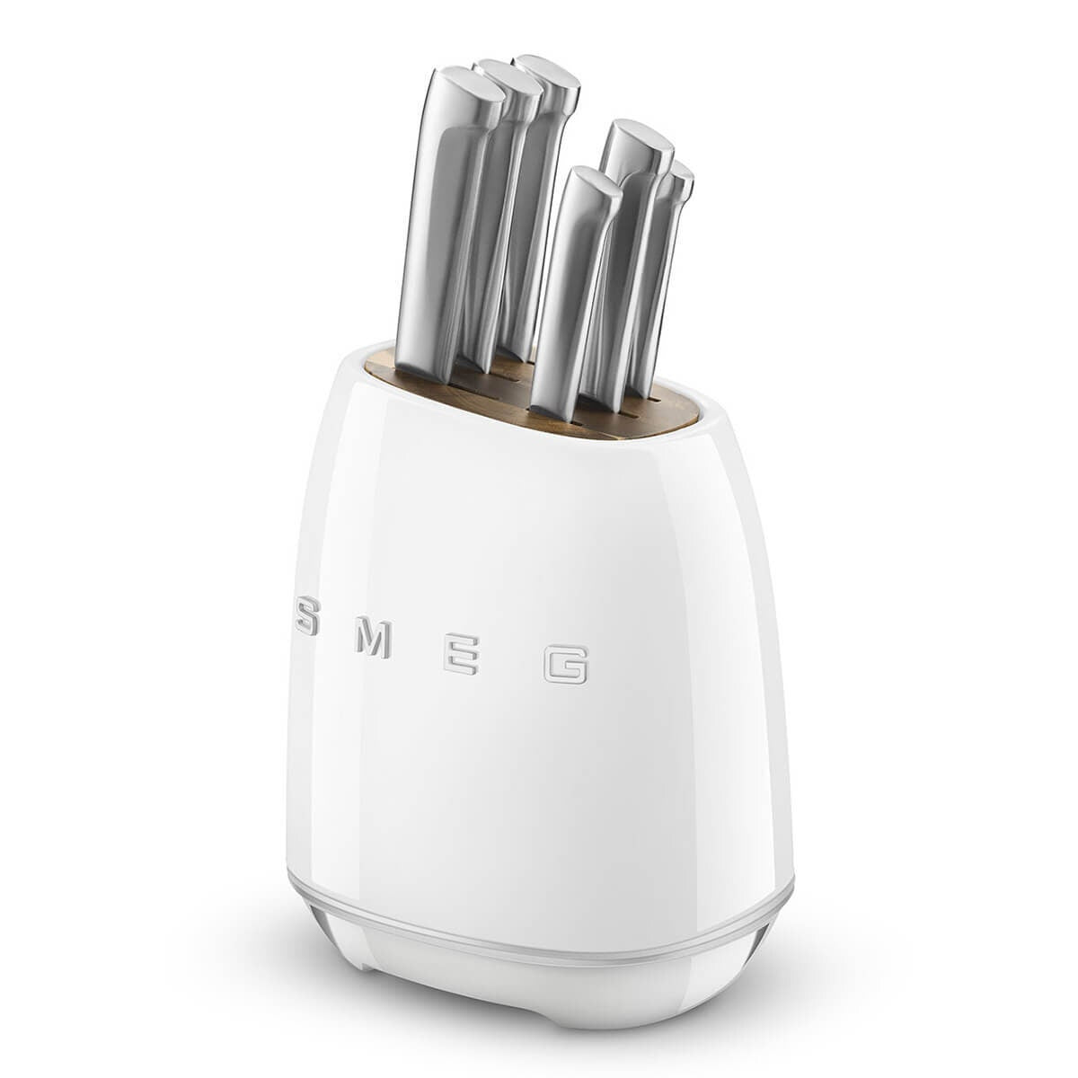 Smeg 50s Retro Style 6 Piece Knife Block Set - White with Acacia Wood Top - KBSF02WH