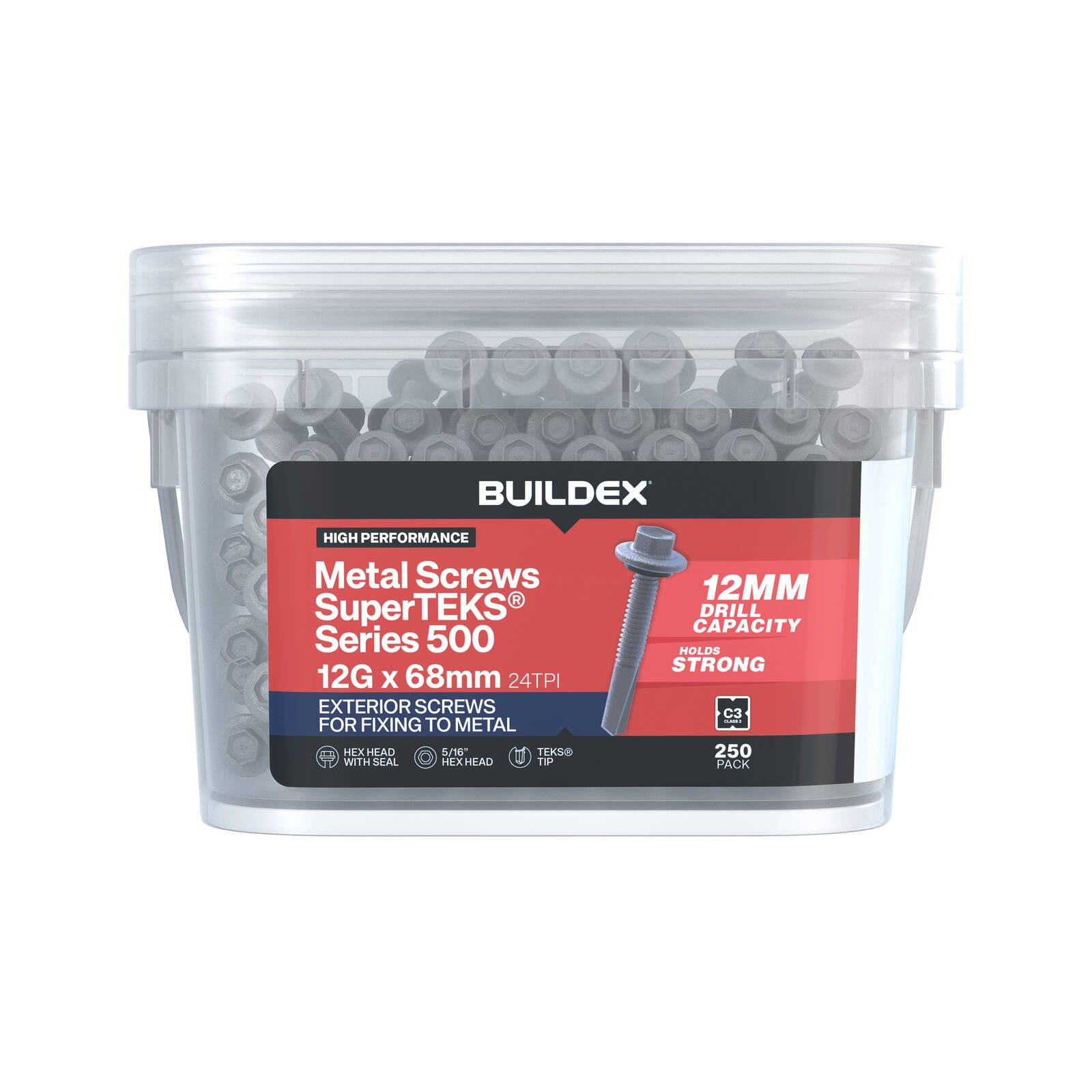 Buildex 12G x 68mm Class 3 Galvanised SuperTEKS Hex Head Self-Drilling Screws, 250 Pack