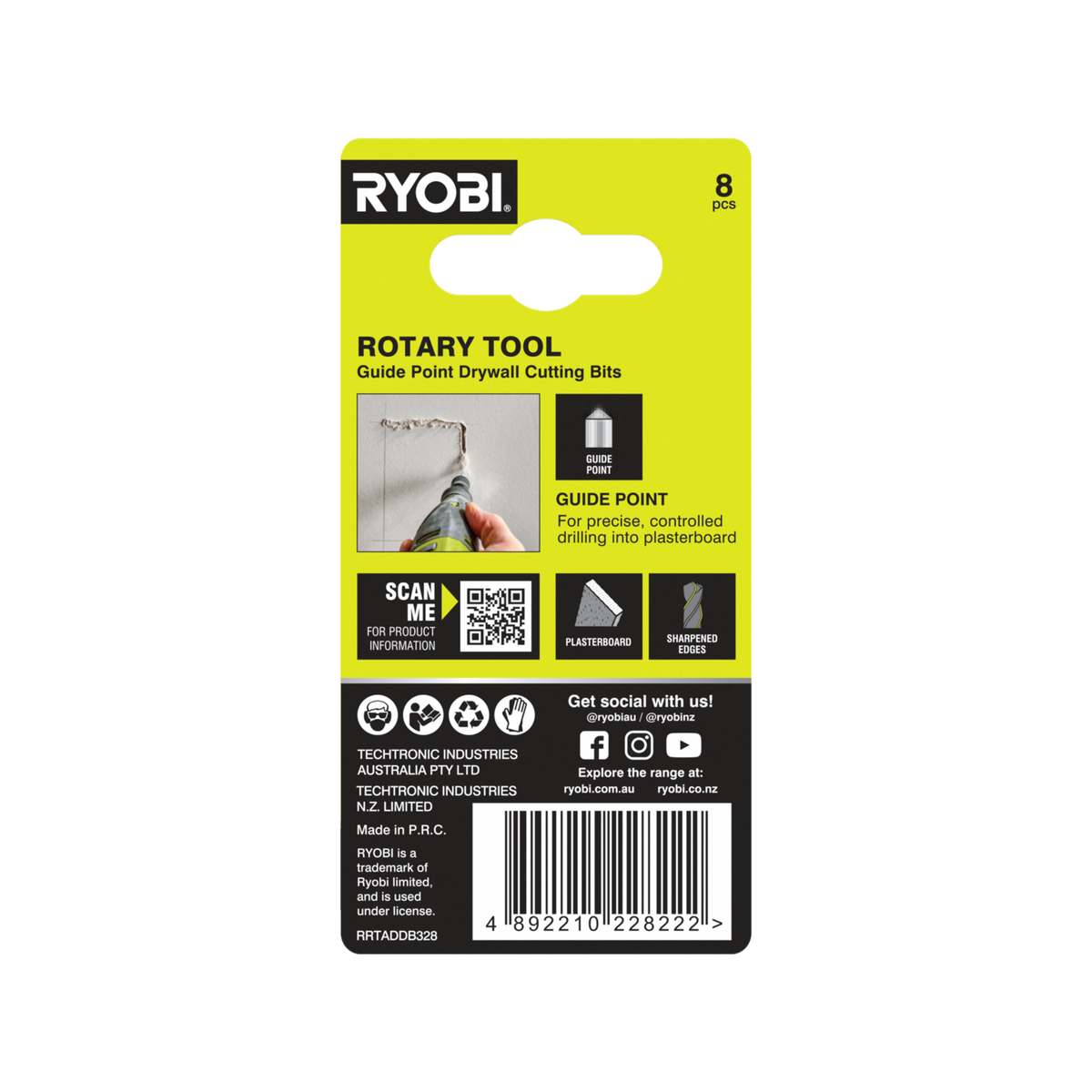 Ryobi 3.2mm Rotary Tool Guide Point Plasterboard Drill Bit Set - 8 Pack