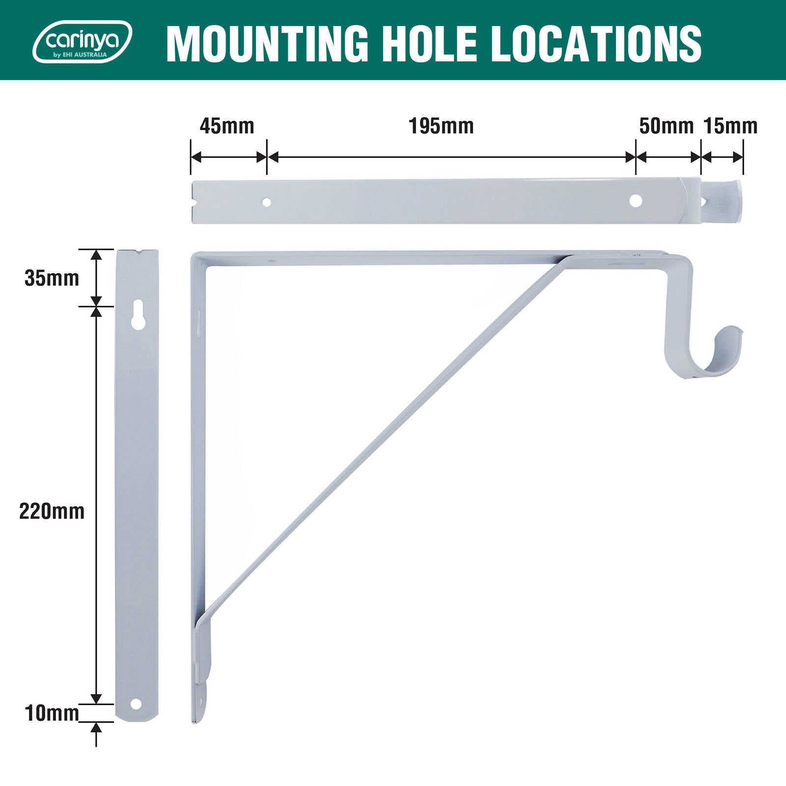 Carinya 305 x 265 x 25mm White Powder Coated Steel Closet Rod Bracket, 50kg
