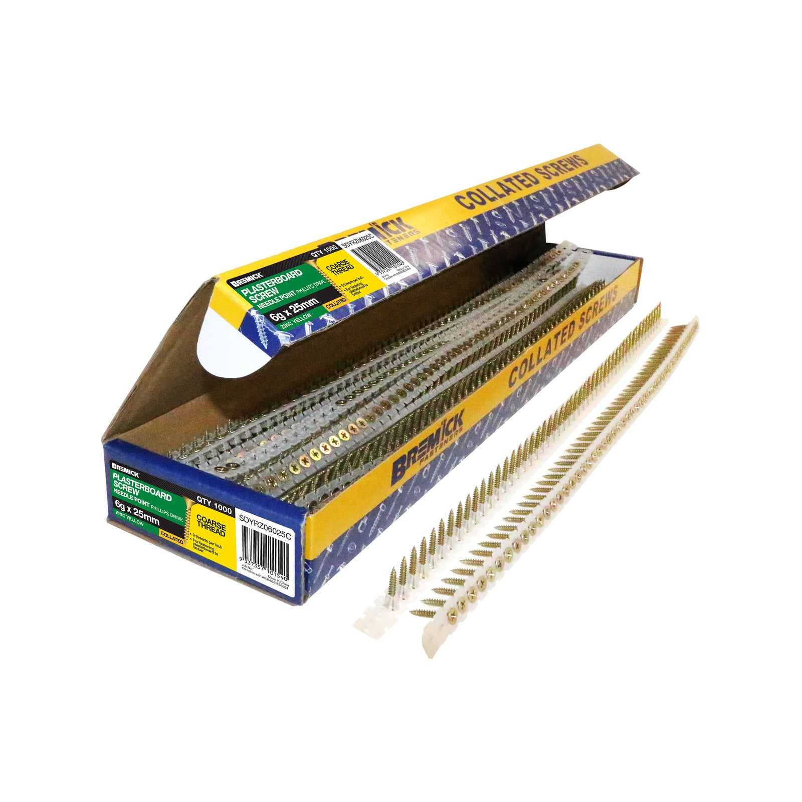 Bremick 6g x 25mm Zinc Yellow Coarse Collated Screws - 1000 Pack