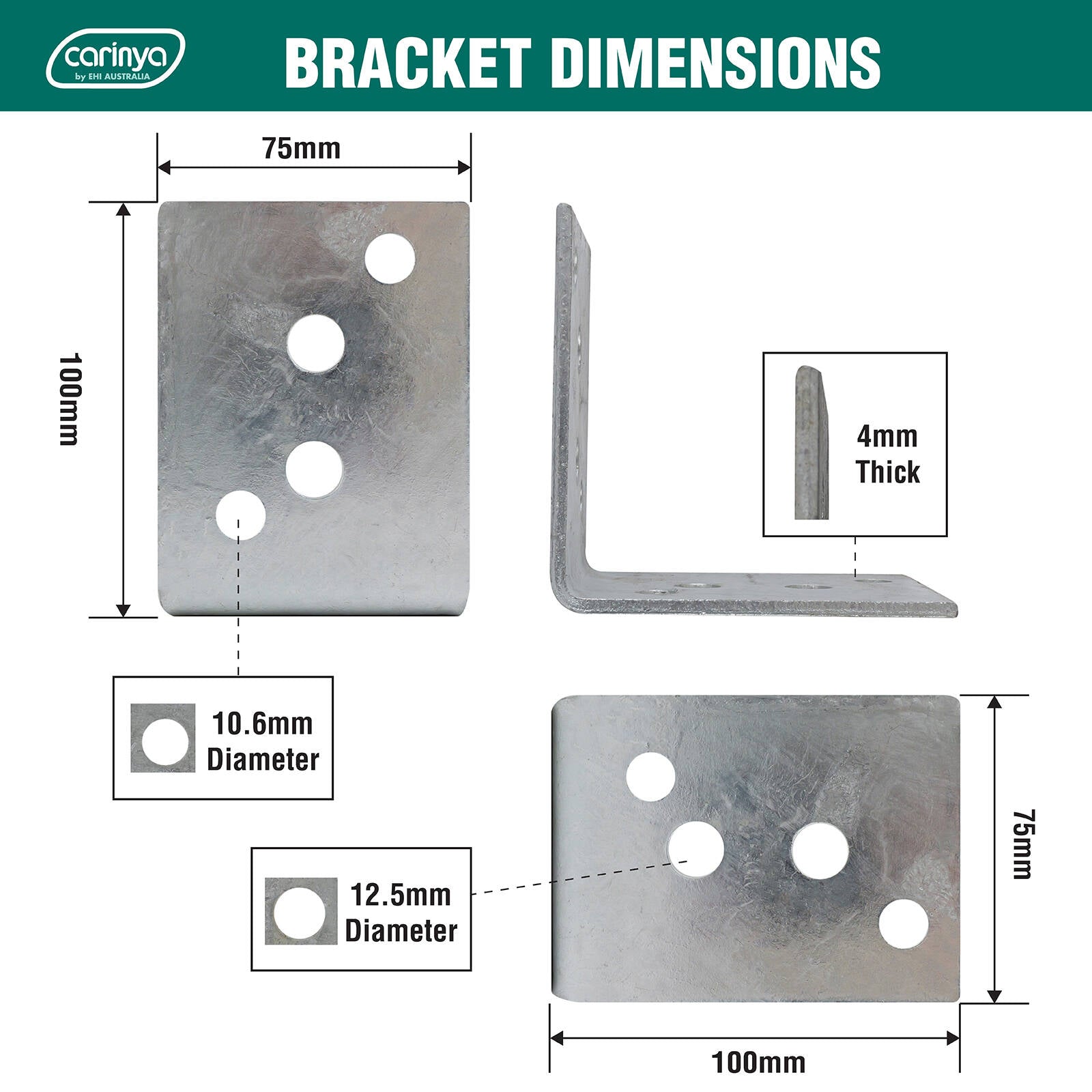 Carinya 100 x 100 x 75 x 4mm Hot Dipped Galvanised Steel Reinforcing Angle Bracket