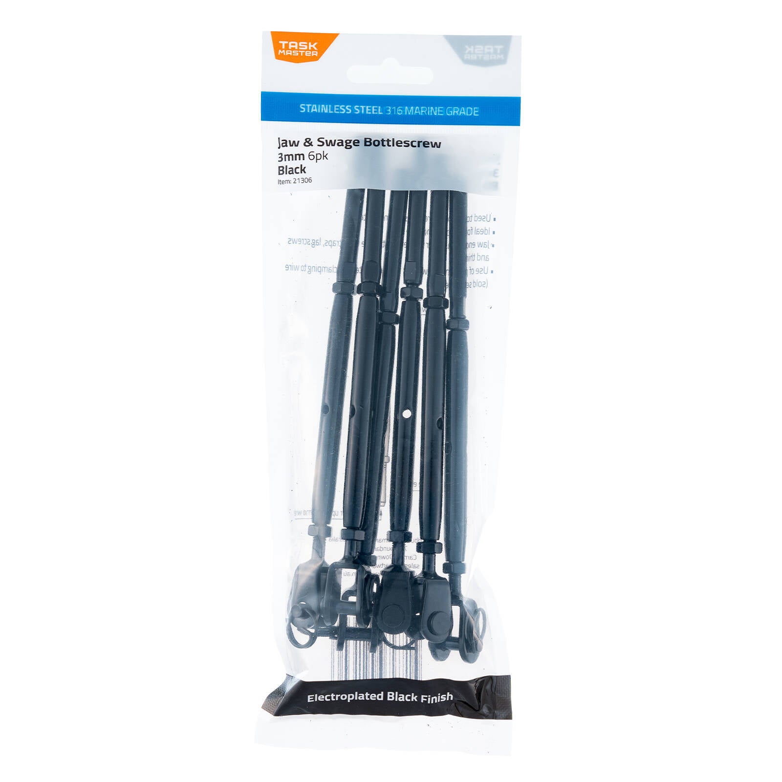 Taskmaster 3mm Black 316 Stainless Steel Jaw and Swage Bottle Screw - 6 Pack
