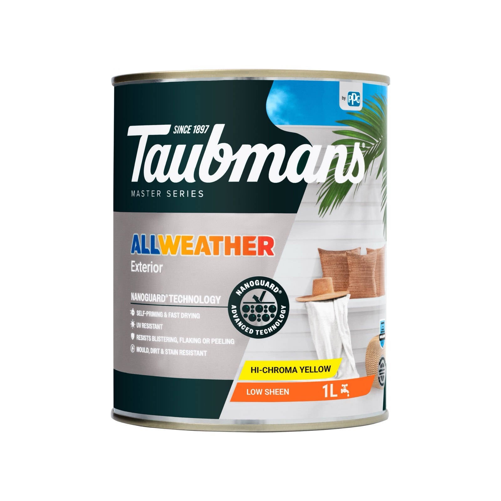 Taubmans 1L Hi-C Yellow Water Based Acrylic Low Sheen All Weather Exterior Paint UV and Waterproof