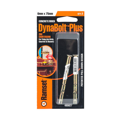 Ramset 6 x 75mm DynaBolt Plus Countersunk Flat Head Masonry Sleeve Anchor - 2 Pack