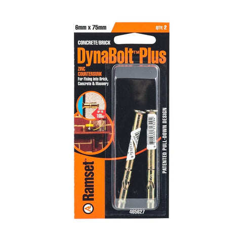 Ramset Dynabolt Plus 6 x 75mm Flat Head Bolt 2 Pack Gold Steel Security - SuperSaverAU - view 1