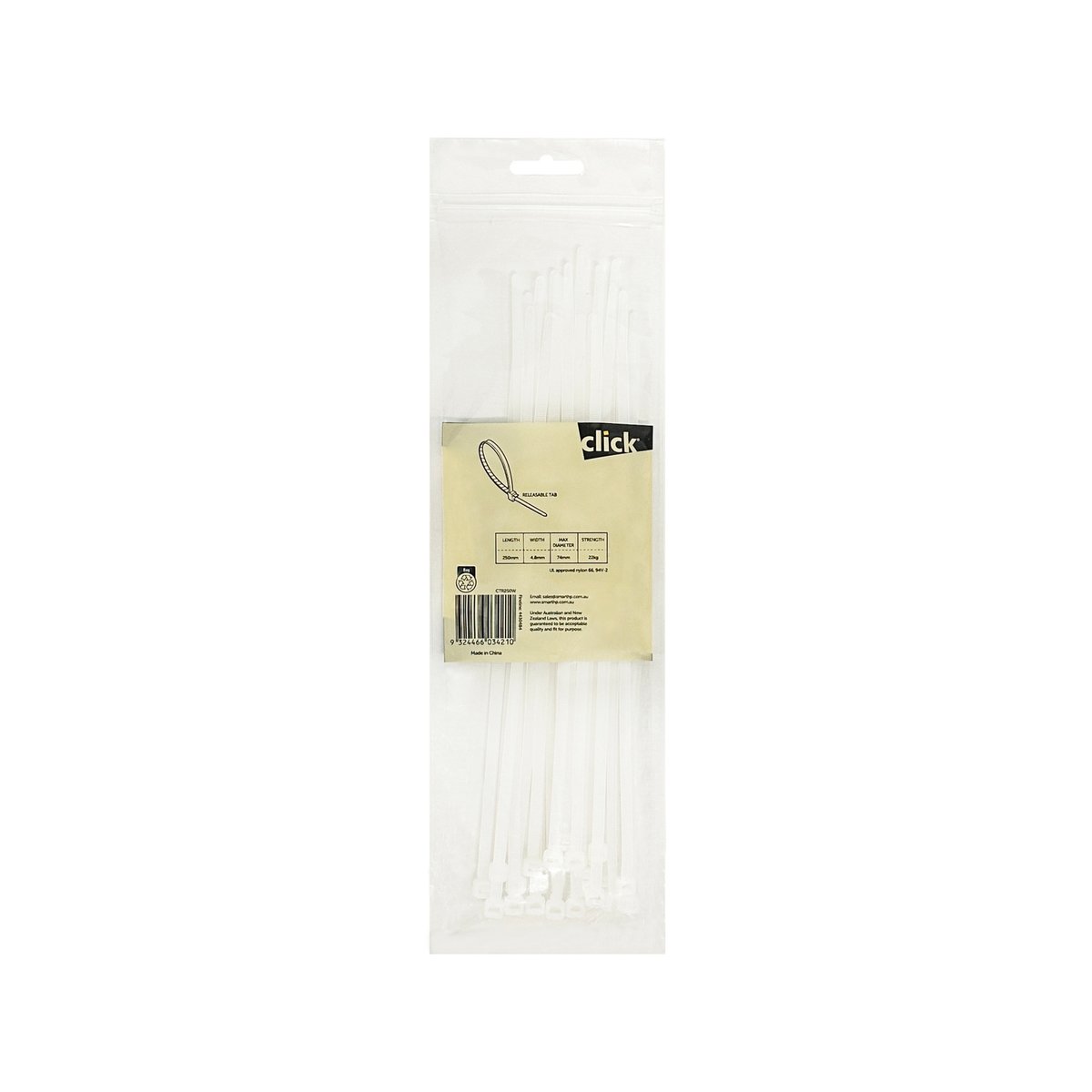 Click 250mm White Releasable Cable Tie 25 Pack - UV Resistant Nylon Reusable