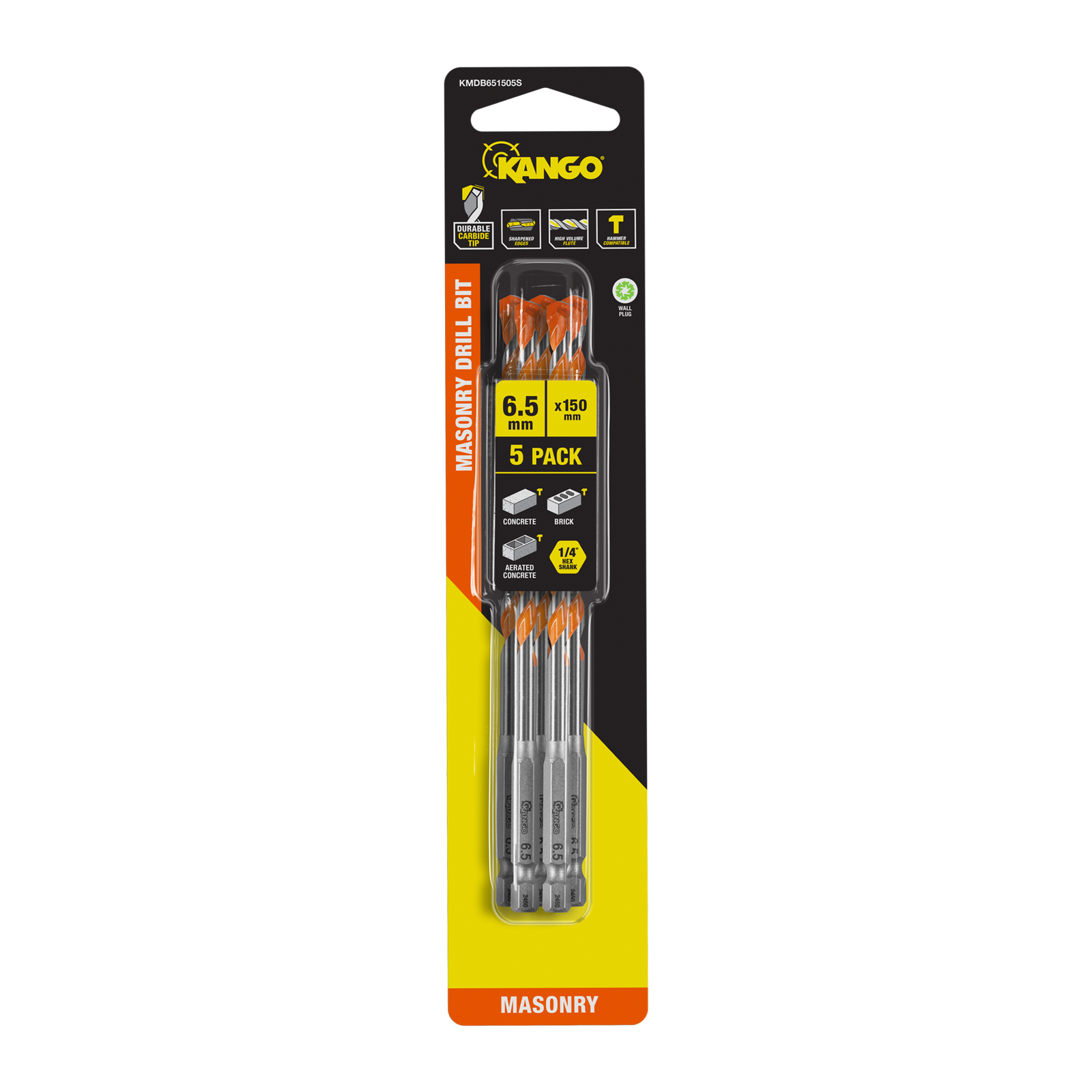 Kango 6.5 x 150mm Masonry Drill Bit 5 Pack - Carbide Tip, 1/4" Hex Shank