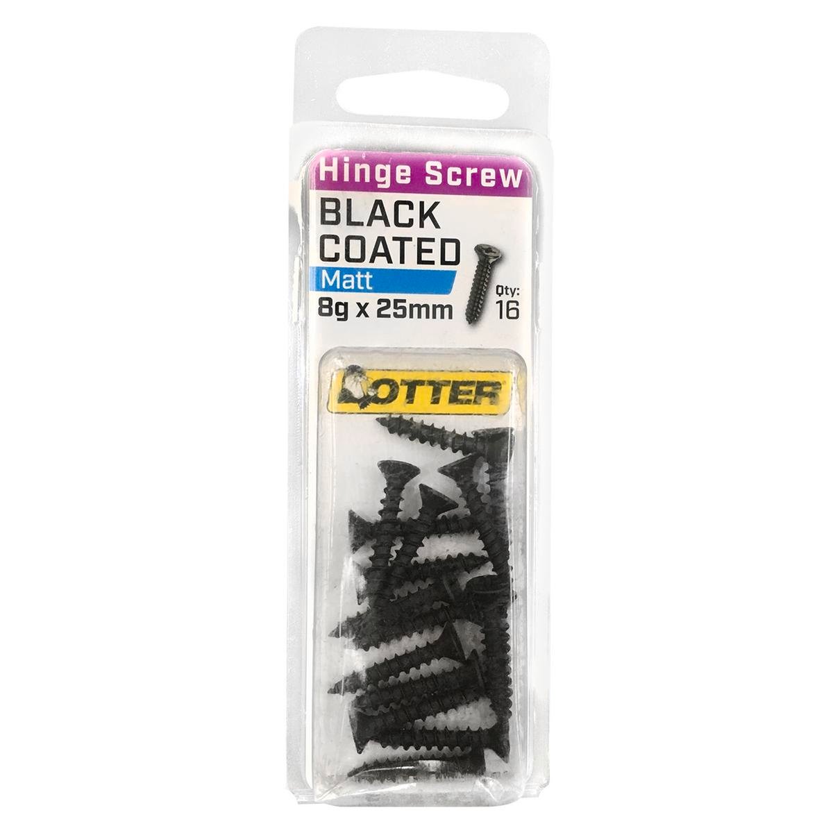 Otter 8 x 25mm Black Coated Hinge Screws Countersunk - 16 Pack