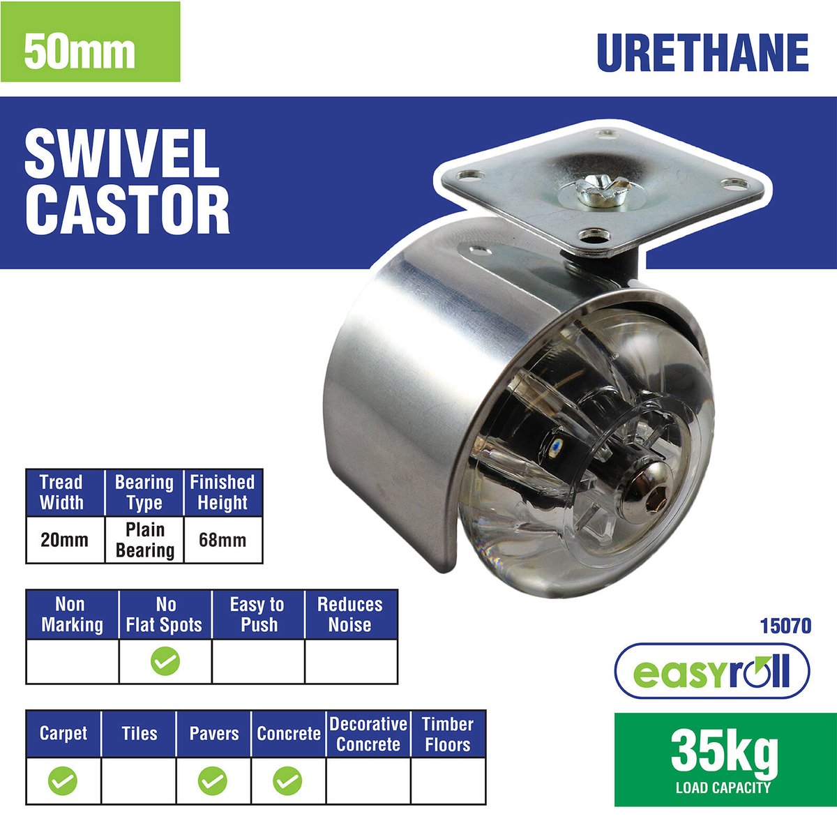 Easyroll 50mm Clear Polyurethane Twin Wheel Swivel Plate Castor 35kg