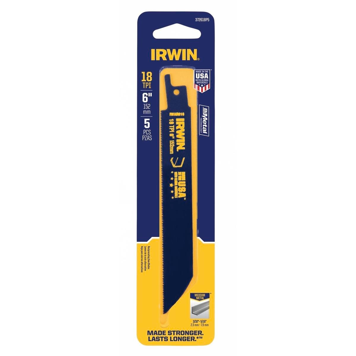 Irwin 6in 18TPI Bi-Metal Medium Metal Cutting Reciprocating Saw Blade 5 Pack