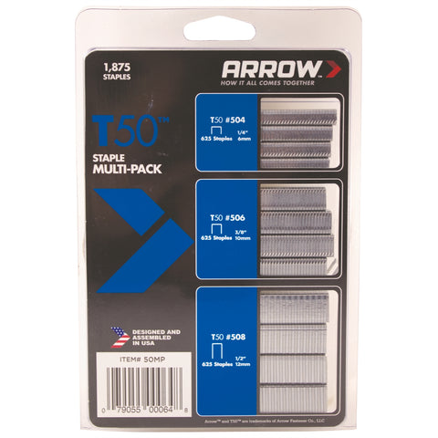 Arrow T50 Staple Multi-Pack 1875 Steel Flat Crown Staples (6mm, 10mm, 12mm)