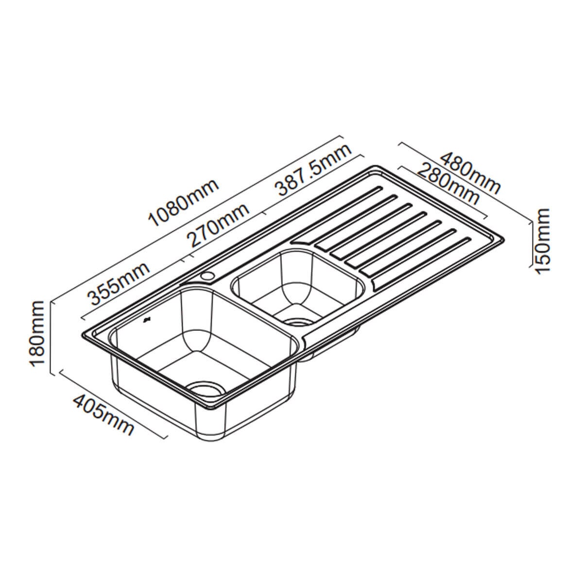 Abey EC 1 and 3/4 Bowl Topmount Sink with Right Hand Drainer - 21.6L and 9.2L Bowls - SUS304 Steel - EC175L