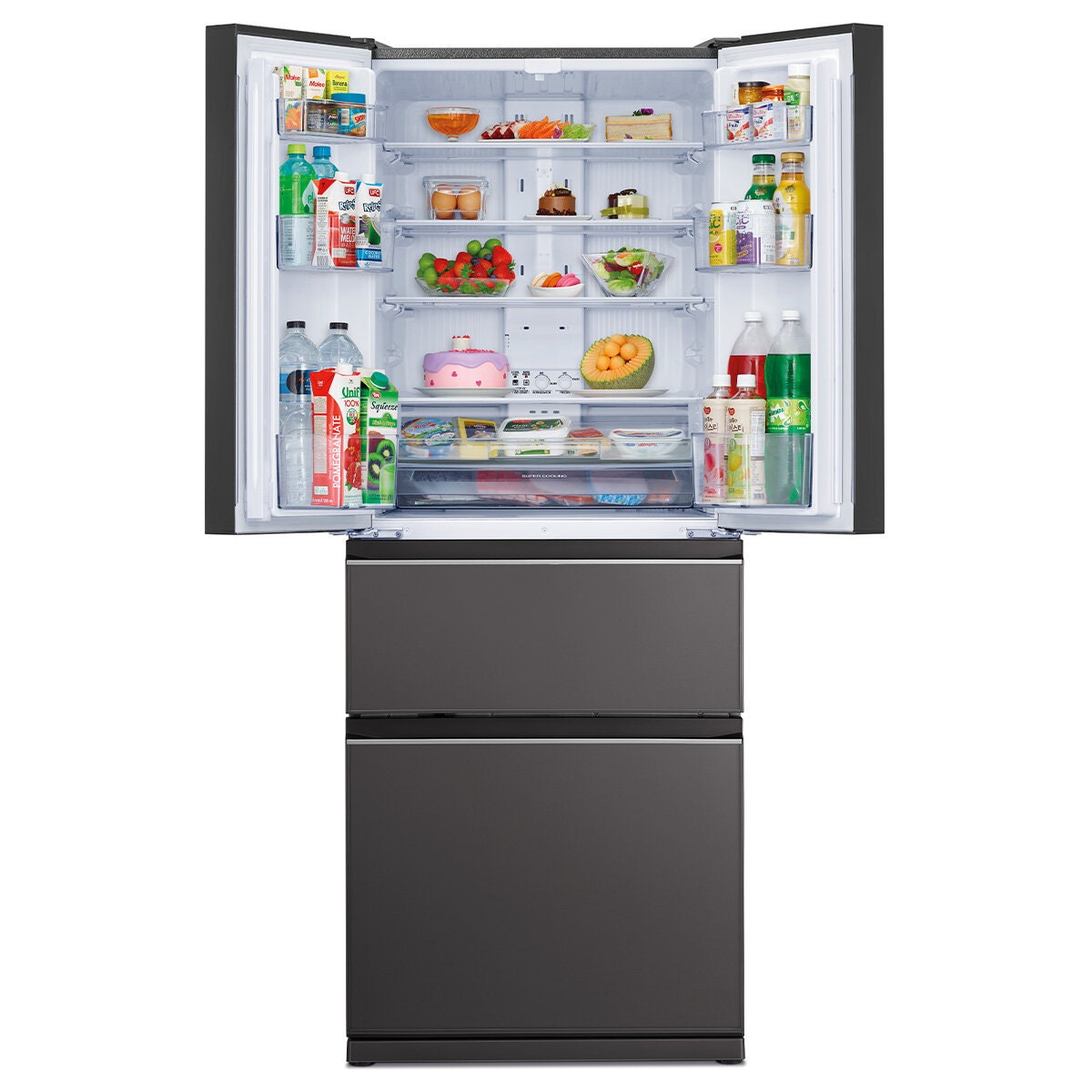 Mitsubishi Electric 442L French Door Fridge - Dark Silver Glass, Supercool Chilling Case - MR-LX442EX-GDS-A