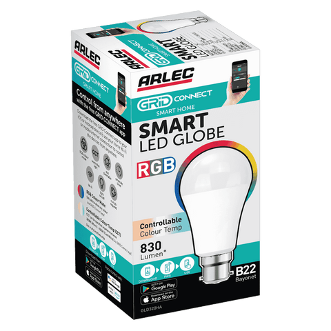 Arlec Grid Connect Smart B22 LED Globe 10W 830lm RGB CCT Dimmable GLD320HA