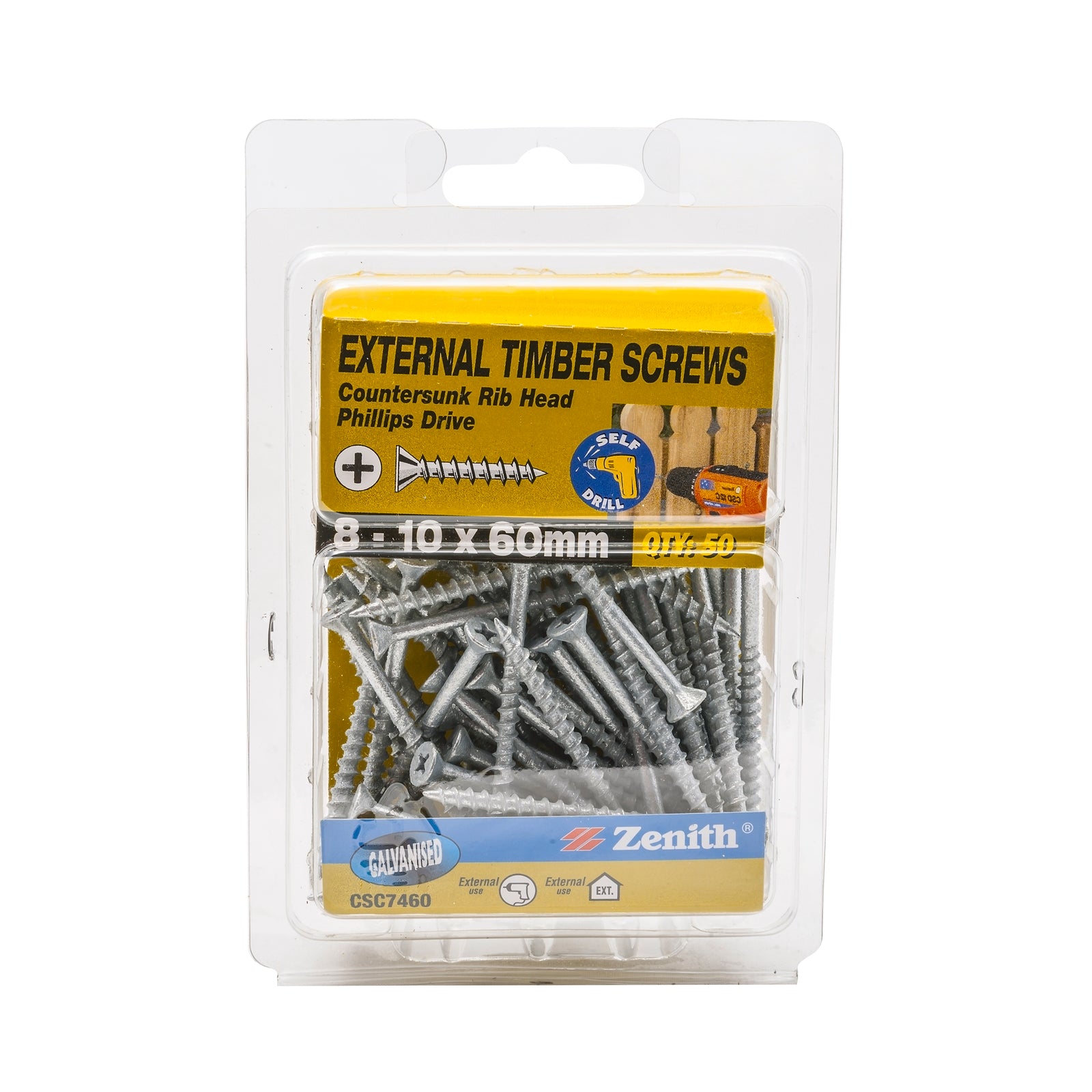 Zenith 8-10 x 60mm Galvanised Countersunk Rib Head Timber Screws - 50 Pack