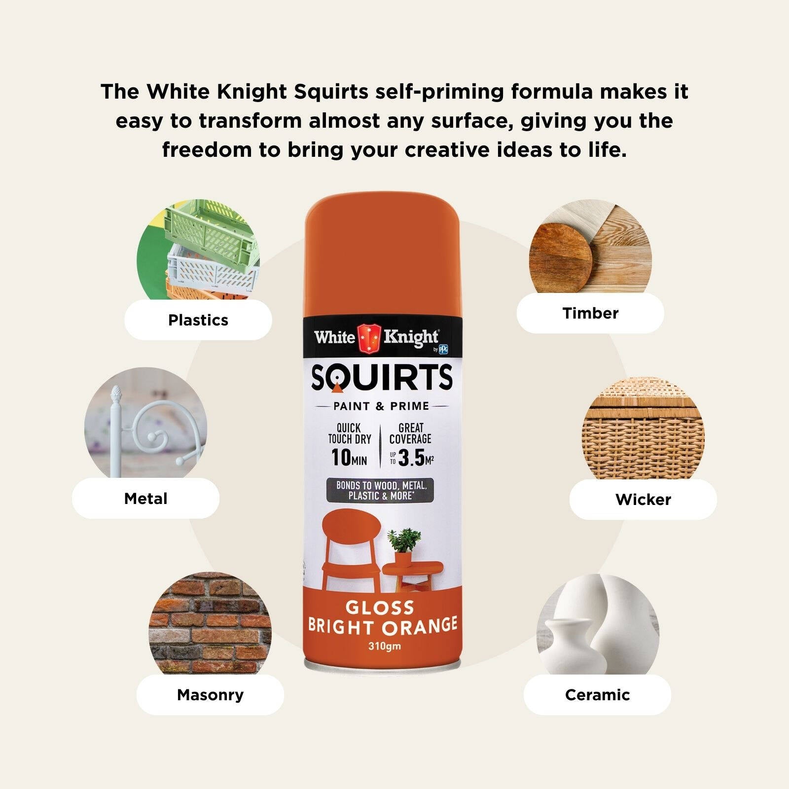 White Knight Squirts Bright Orange Gloss Spray Paint 310g - Solvent-Based, Waterproof