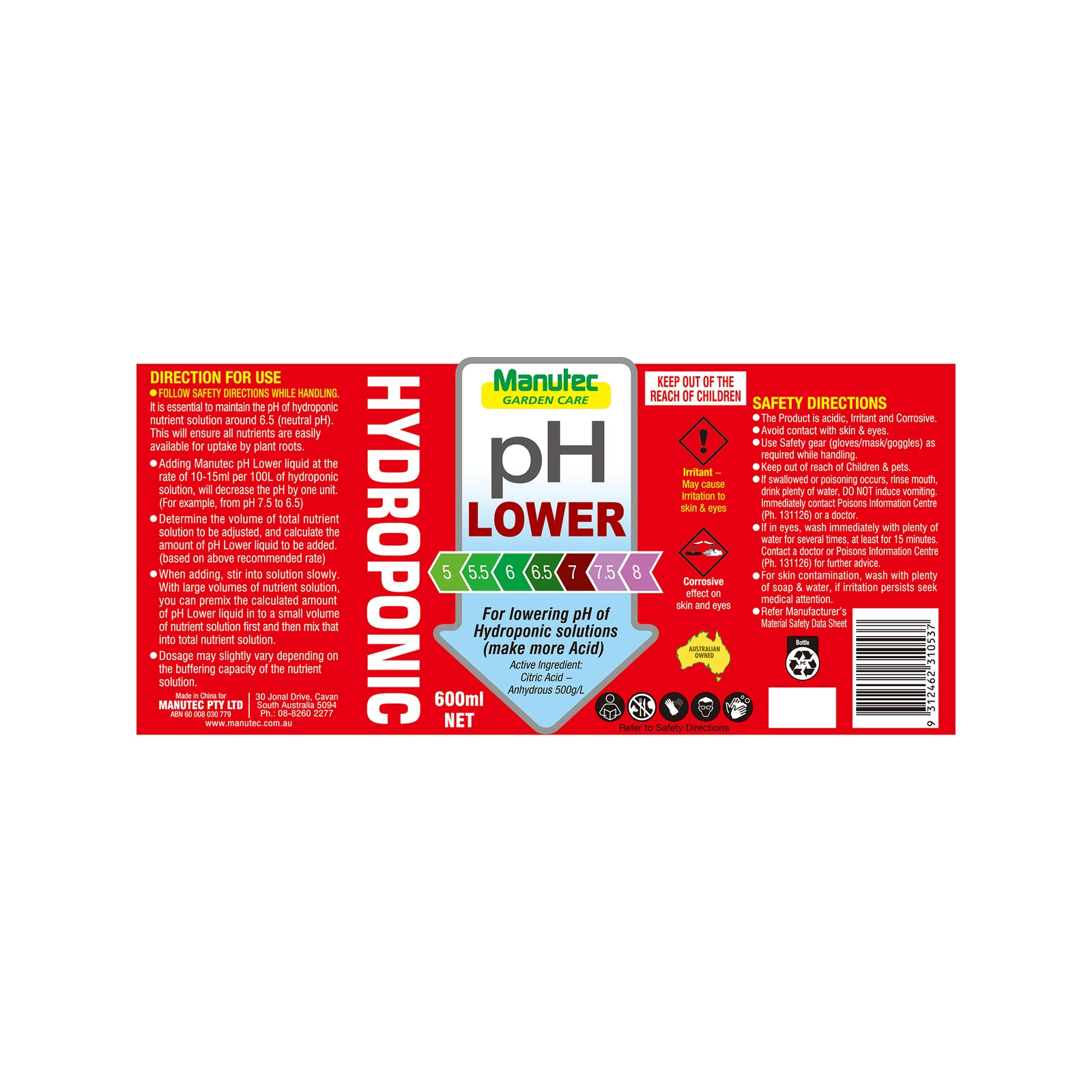Manutec 600ml Hydroponic pH Lower Acidifying Solution