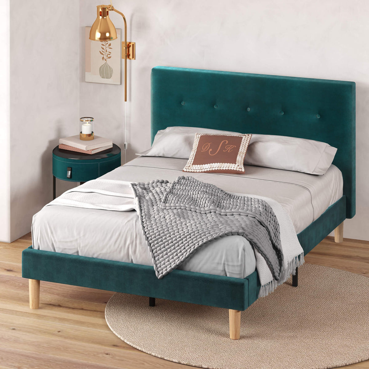 Zinus Double Upholstered Bed Base - Green Velvet, Padded Headboard, Slatted Base, 150kg - AU-FPPOPB-12D