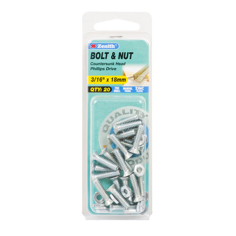 Zenith 3/16" x 18mm Zinc Plated Countersunk Bolt and Nut - Steel, 20 Pack