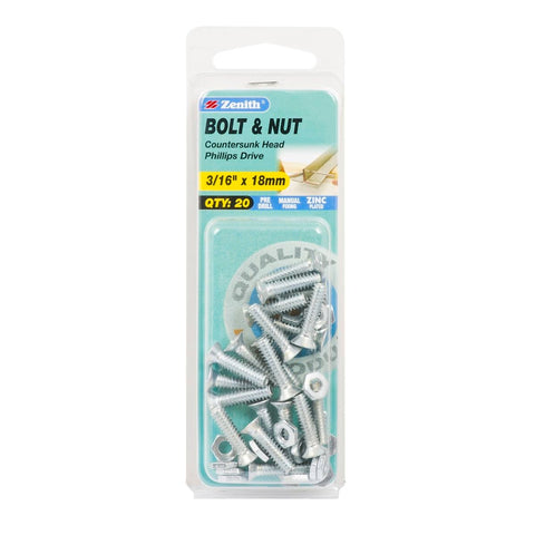 Zenith Countersunk Bolt and Nut 3/16 x 18mm Zinc Plated 20 Pack - SuperSaverAU - view 1
