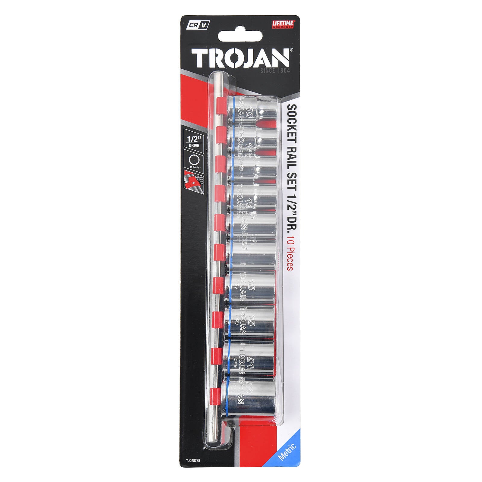 Trojan 10 Piece 1/2" Drive Metric Socket Rail Set, Chrome Vanadium 12 Point